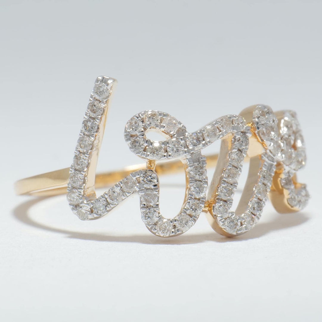 Love Diamond Ring, Script Love Ring, 14K Solid Gold, Natural Diamonds, Statement Band, Romantic Jewelry, Gift for Her