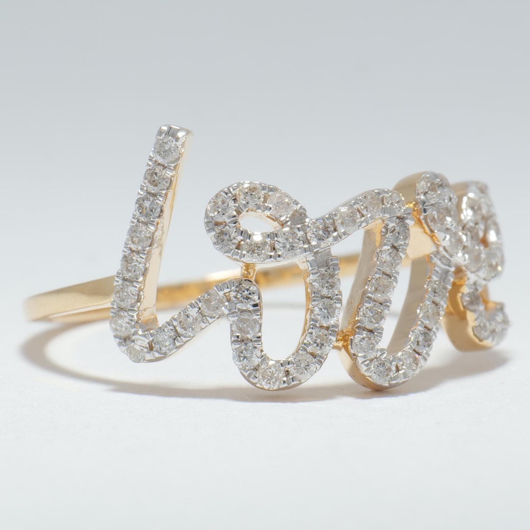 Love Diamond Ring, Script Love Ring, 14K Solid Gold, Natural Diamonds, Statement Band, Romantic Jewelry, Gift for Her