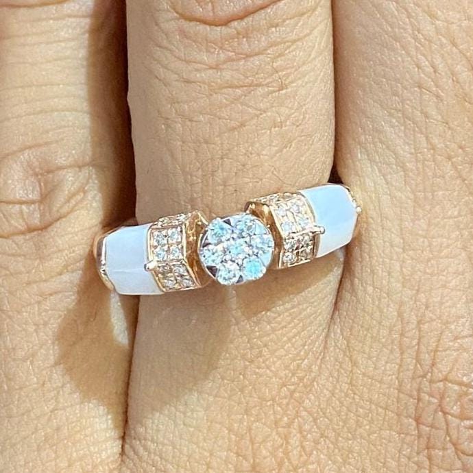 Mother of Pearl Diamond Ring In 14k Solid Gold, Illusion Setting With Natural Diamonds, Gift for Women Gift For Her