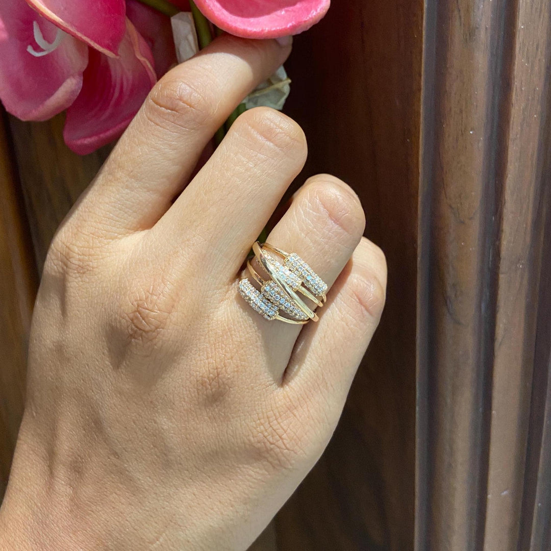 Criss Cross Diamond Ring In 14k Solid Gold Featuring Multiple Thin Gold Lines Ring With Natural Diamonds, Gift For Her