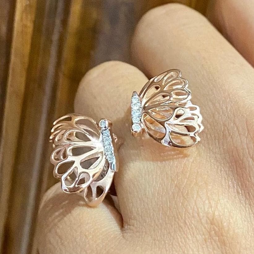 Butterfly Diamond Ring In 14K Solid Gold, Filigree Ring With Natural Diamonds, Gift For Her