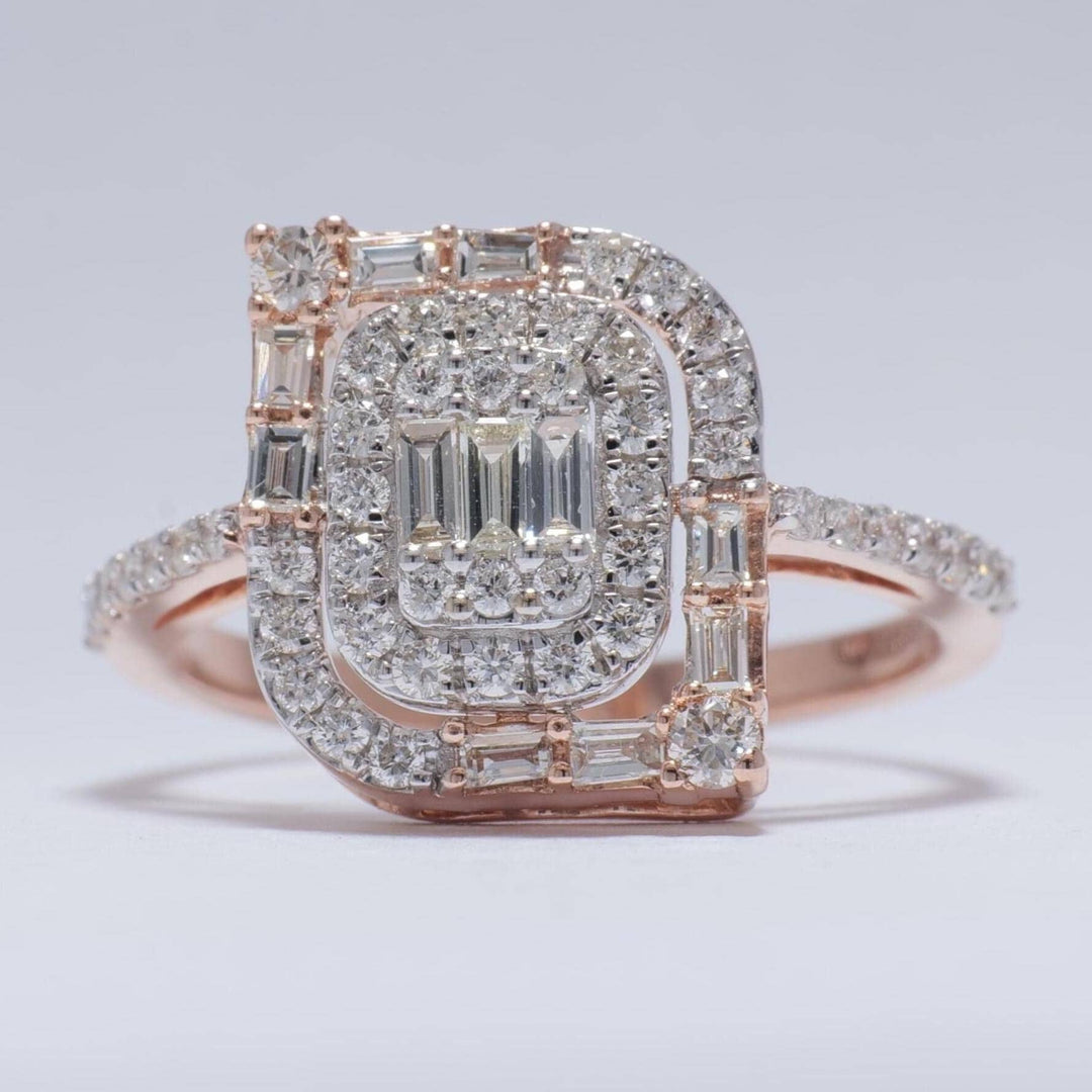 Baguettes and Round Diamond Ring, 14k Solid Gold, Natural Diamonds, Geometric Halo Ring, Illusion Setting, Statement Jewelry, Gift For Her