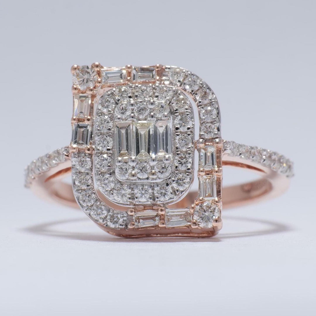 Baguettes and Round Diamond Ring, 14k Solid Gold, Natural Diamonds, Geometric Halo Ring, Illusion Setting, Statement Jewelry, Gift For Her