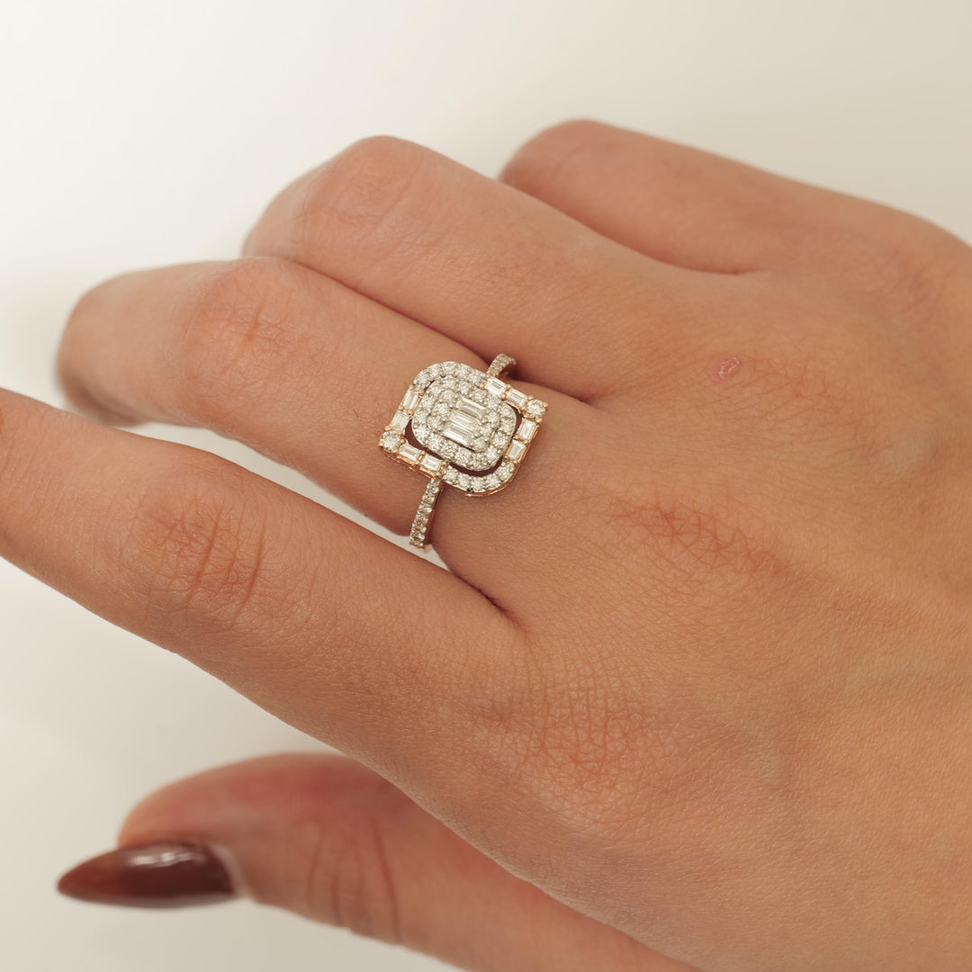 Baguettes and Round Diamond Ring, 14k Solid Gold, Natural Diamonds, Geometric Halo Ring, Illusion Setting, Statement Jewelry, Gift For Her