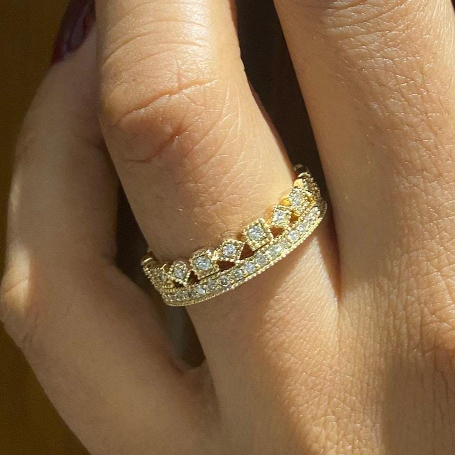 Crown Diamond Ring, 14k Solid Gold, Eternity Band Ring, Natural Diamonds, Regal Stackable Ring, Proposal Ring, Gift For Her