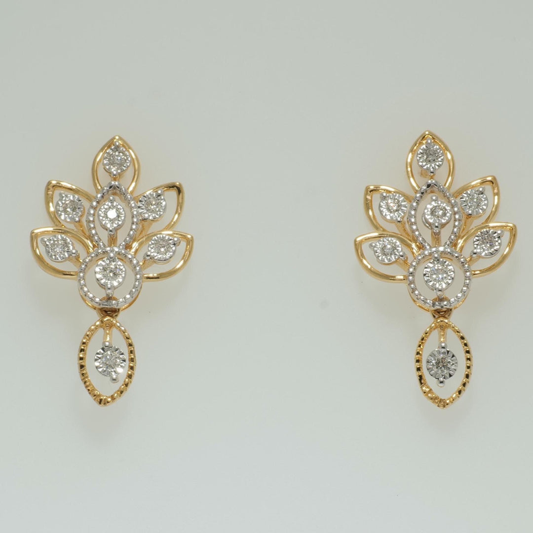 Floral Diamond Drop Earrings, 14k Solid Gold, Natural Diamonds, Illusion Set, Leaf Design, Dangle Earrings, Statement Jewelry, Gift for Her