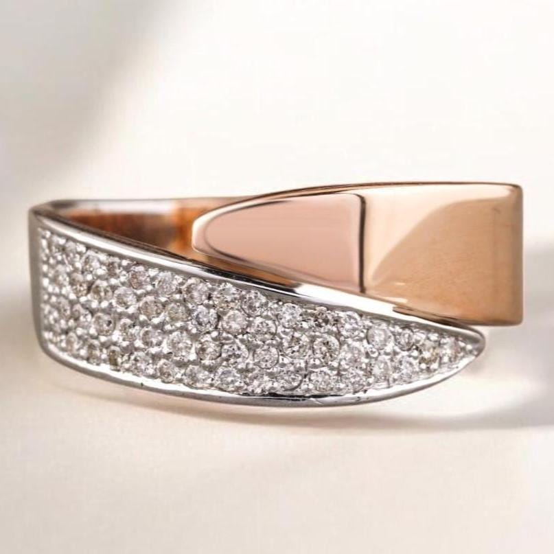 Wrap Natural Diamond Open Cuff Band Ring: 14K Solid Gold Bypass Two Toned Jewellery, Certified Jewelry