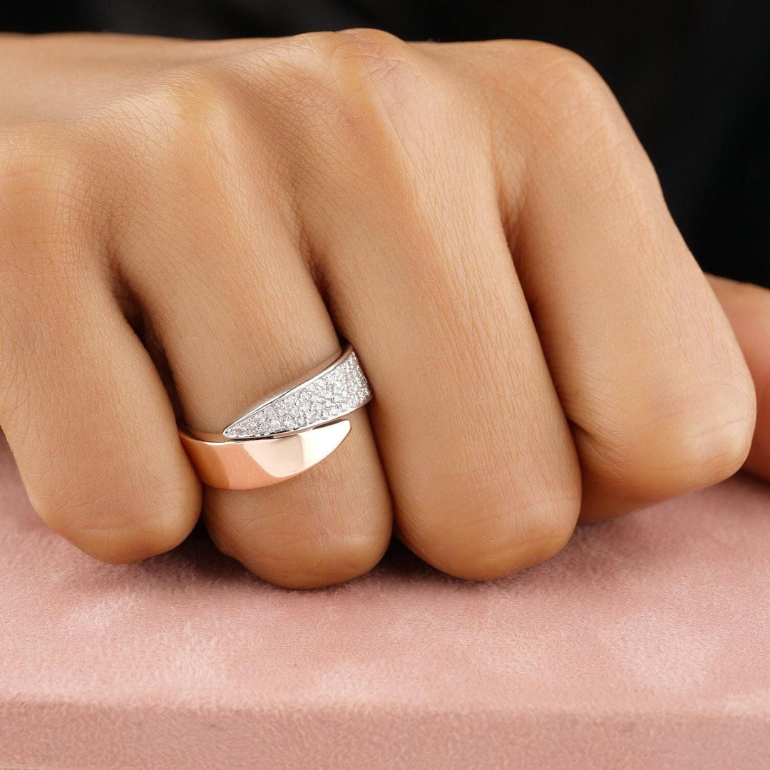 Wrap Natural Diamond Open Cuff Band Ring: 14K Solid Gold Bypass Two Toned Jewellery, Certified Jewelry