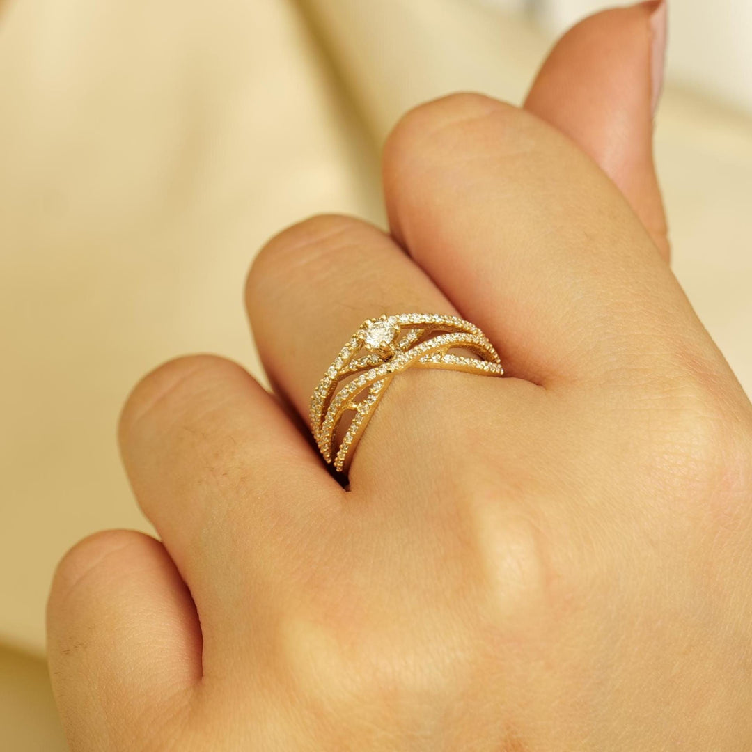 Criss Cross Solitaire Engagement Ring, 14k Solid Gold, Natural Diamonds, Twisted Band Statement Ring, Wedding Bridal Ring, Gift For Her