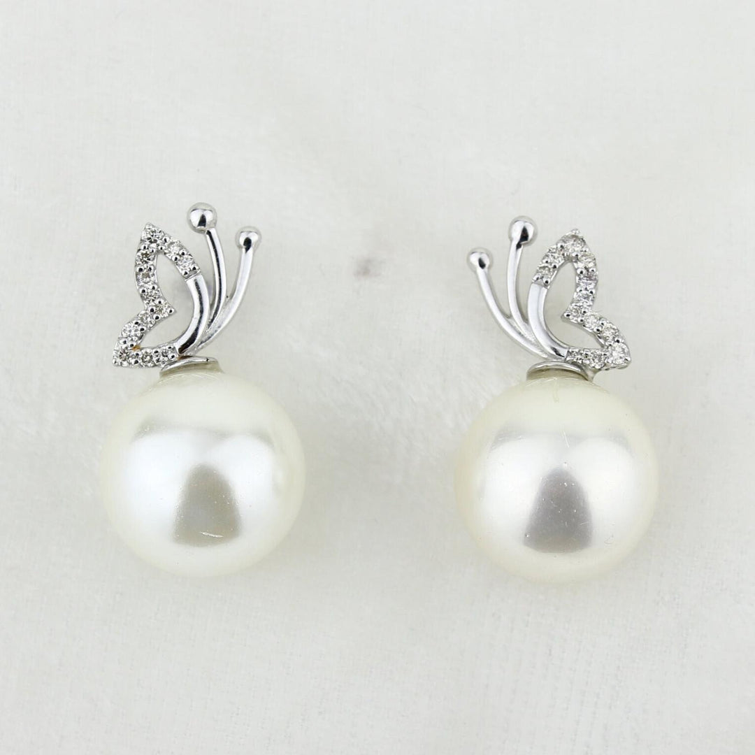 Butterfly Pearl Stud Earrings, Natural Diamonds, Gemstone Earrings, 14k Solid Gold, Gift For Her