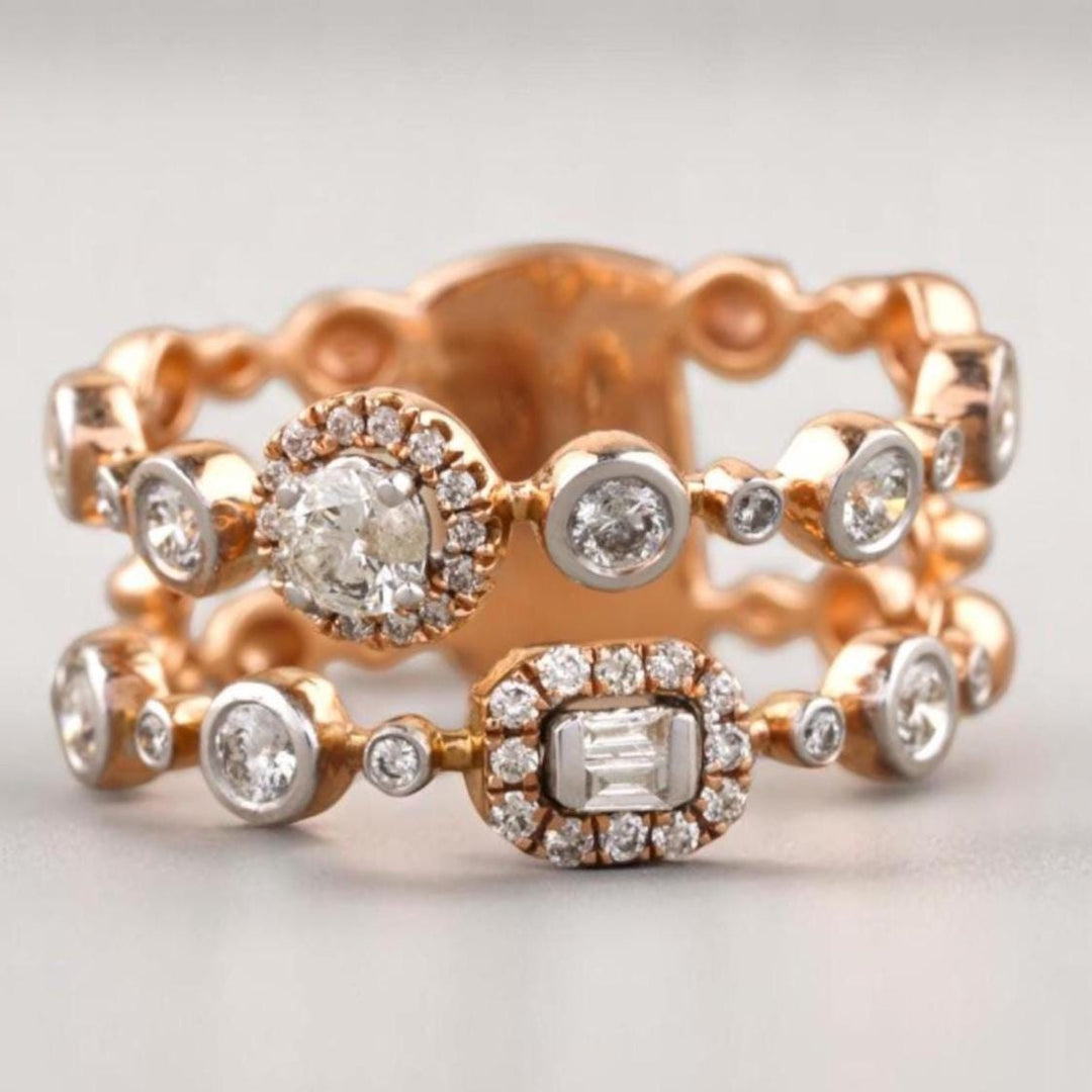 Round & Baguette Halo Natural Diamonds Ring: 14k Solid Gold Double Band Bezel Eternity Jewellery, Certified Jewelry