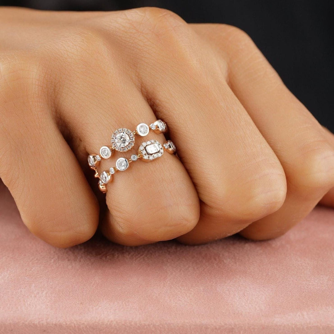 Round & Baguette Halo Natural Diamonds Ring: 14k Solid Gold Double Band Bezel Eternity Jewellery, Certified Jewelry