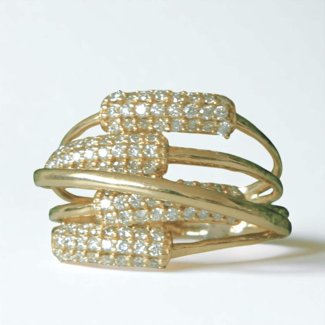 Criss Cross Diamond Ring In 14k Solid Gold Featuring Multiple Thin Gold Lines Ring With Natural Diamonds, Gift For Her