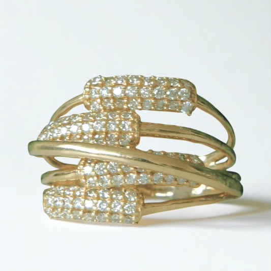 Criss Cross Natural Diamond Ring: 14k Solid Gold Multiple Thin Gold Lines Cocktail Jewellery, Certified Jewelry, Ready To Ship