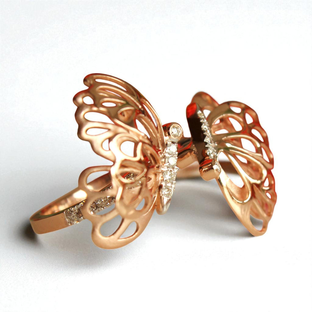 Butterfly Diamond Ring In 14K Solid Gold, Filigree Ring With Natural Diamonds, Gift For Her