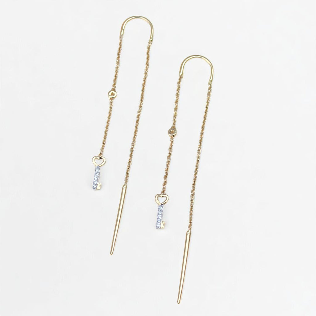 Lock And Key Thread Diamond Earrings, Dangle Diamond Earrings, 14k Solid Gold, Natural Diamonds, , Minimalist Earrings Gift For Her