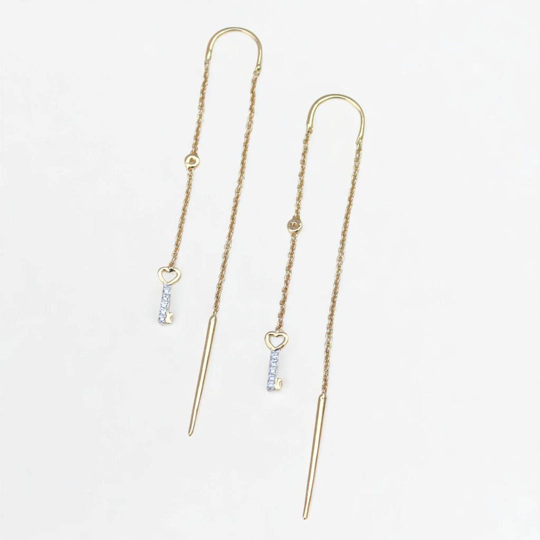 Lock And Key Thread Diamond Earrings, Dangle Diamond Earrings, 14k Solid Gold, Natural Diamonds, , Minimalist Earrings Gift For Her