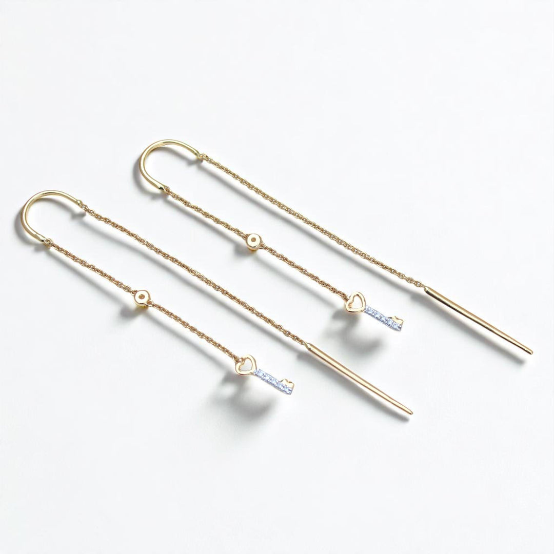 Lock And Key Thread Diamond Earrings, Dangle Diamond Earrings, 14k Solid Gold, Natural Diamonds, , Minimalist Earrings Gift For Her