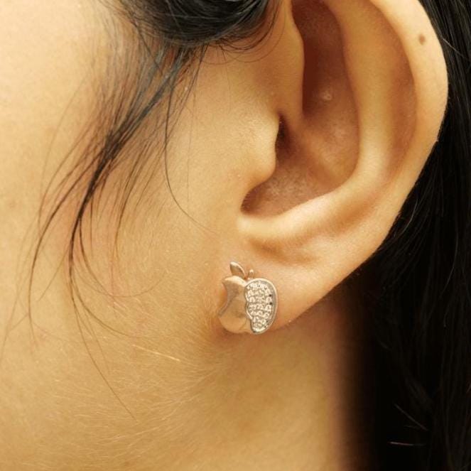 Apple Diamond Stud Earrings, 14k Solid Gold, Natural Diamonds, Cluster Pave Setting, Everyday Earrings, Women&#39;s Day Gift