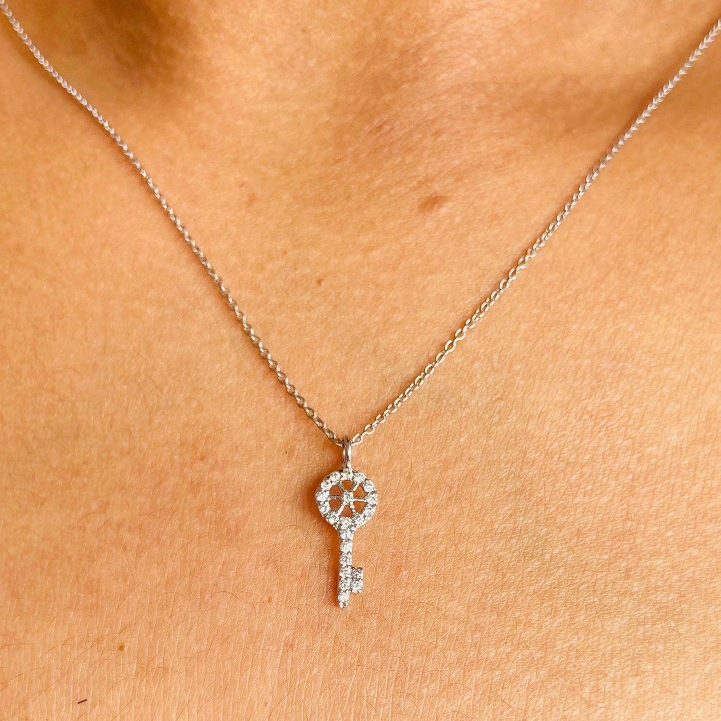 Key Natural Diamond Charm Pendant: 14k Solid Gold Tiny Stackable Necklace, Certified Jewelry, Ready To Ship