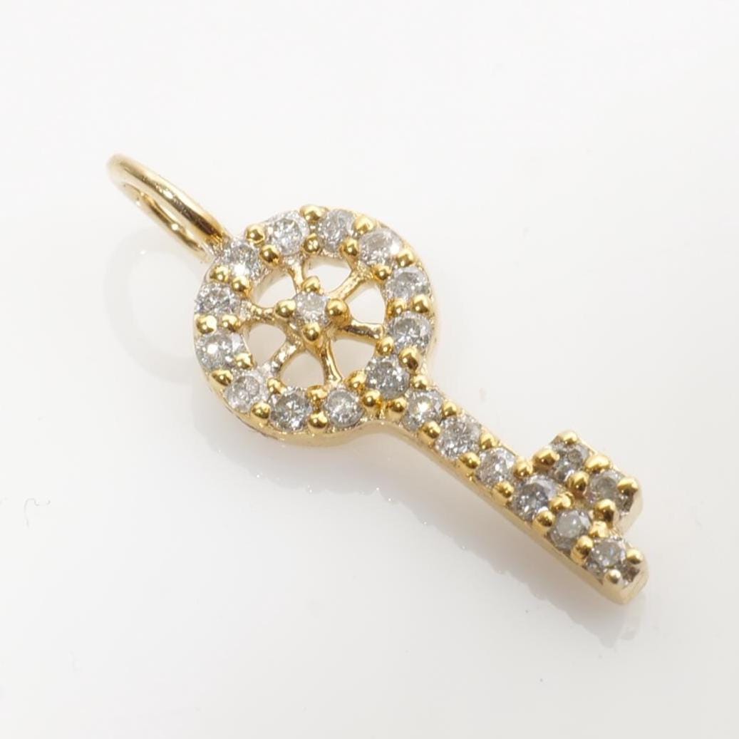 Key Natural Diamond Charm Pendant: 14k Solid Gold Tiny Stackable Necklace, Certified Jewelry, Ready To Ship