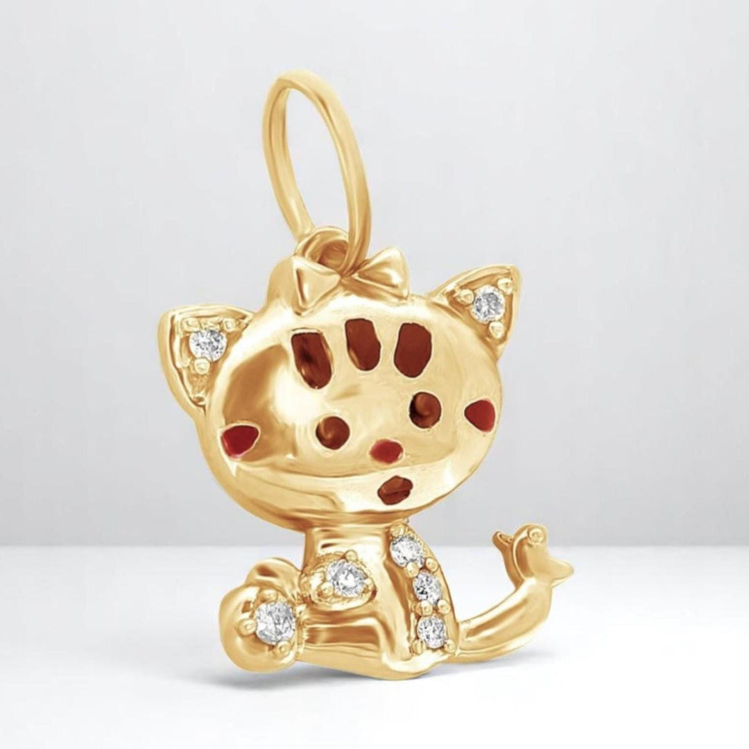 Cat Diamond Charm Pendant, 14k Solid Gold, Natural Diamonds, Enamel Kitten Necklace, Everyday Minimalist Charm, Stacking Animal Jewelry