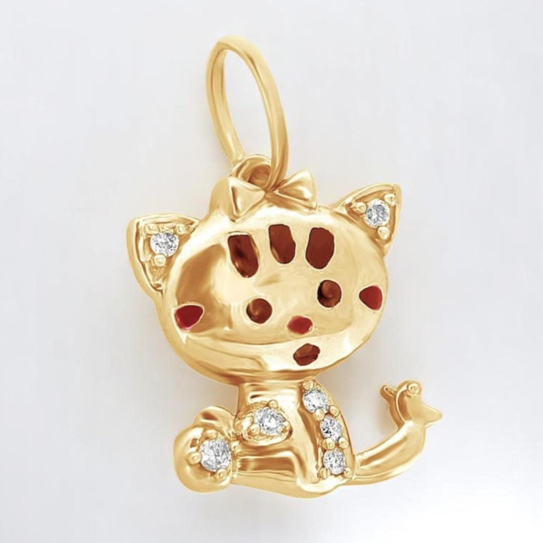 Cat Diamond Charm Pendant, 14k Solid Gold, Natural Diamonds, Enamel Kitten Necklace, Everyday Minimalist Charm, Stacking Animal Jewelry
