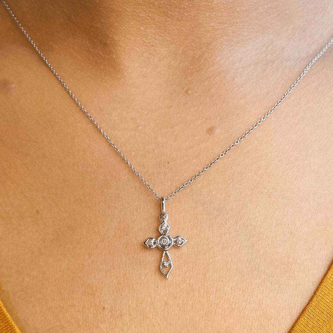 Floral Diamond Cross Pendant, 14k Solid Gold, Natural Diamonds, Petal Faith Necklace With Adjustable Chain, Everyday Minimalist Jewelry