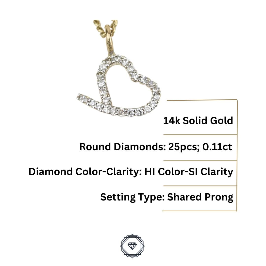 Heart Diamond Charm Pendant, 14k Solid Gold, Natural Diamonds, Open Heart Love Necklace, Everyday Minimalist Jewelry, Layering Necklace