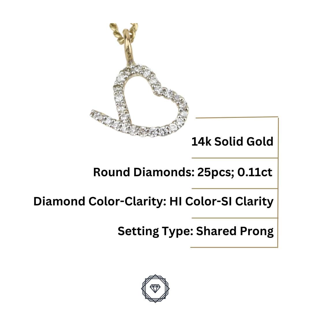 Heart Diamond Charm Pendant, 14k Solid Gold, Natural Diamonds, Open Heart Love Necklace, Everyday Minimalist Jewelry, Layering Necklace