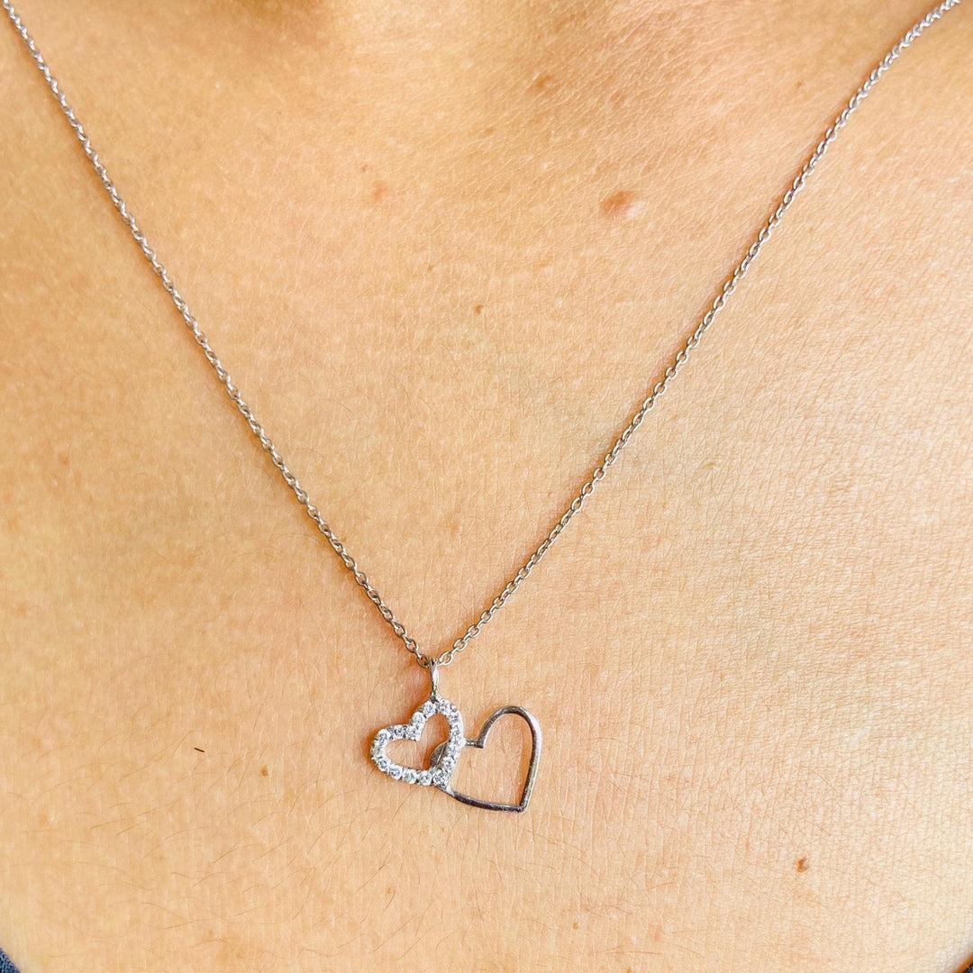 Double Heart Gold Charm Pendant, 14k Solid Gold, Natural Diamonds, Intertwined Love Necklace, Everyday Minimalist Jewelry