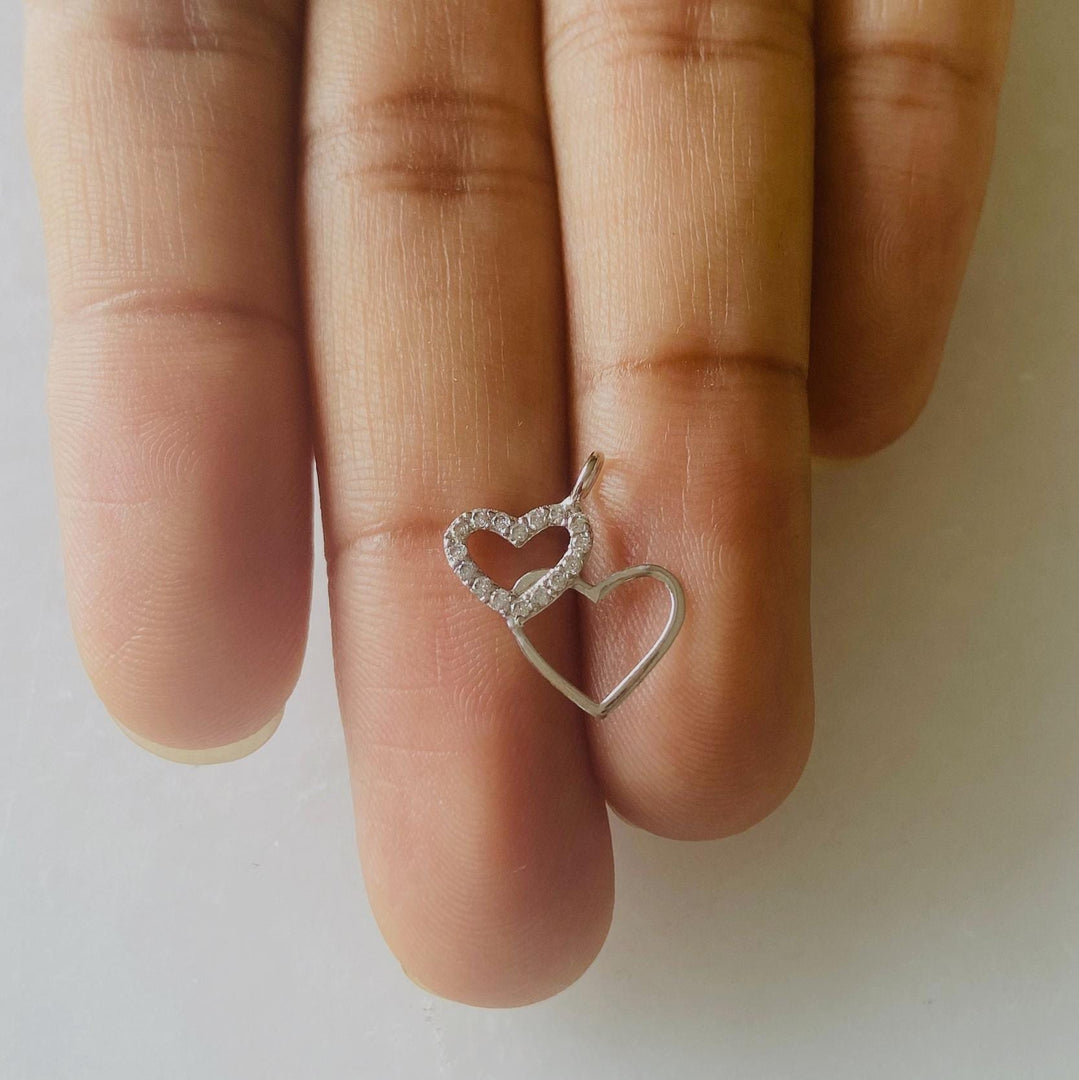 Double Heart Gold Charm Pendant, 14k Solid Gold, Natural Diamonds, Intertwined Love Necklace, Everyday Minimalist Jewelry