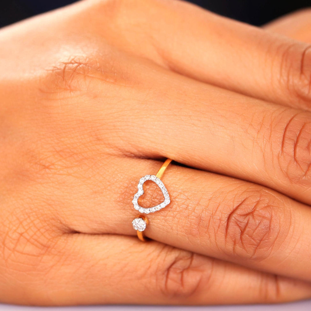 Open Heart Diamond Ring, 14k Solid Gold, Natural Diamonds, Proposal Open Cuff Ring, Everyday Stackable Jewelry, Minimalist Two Toned Ring