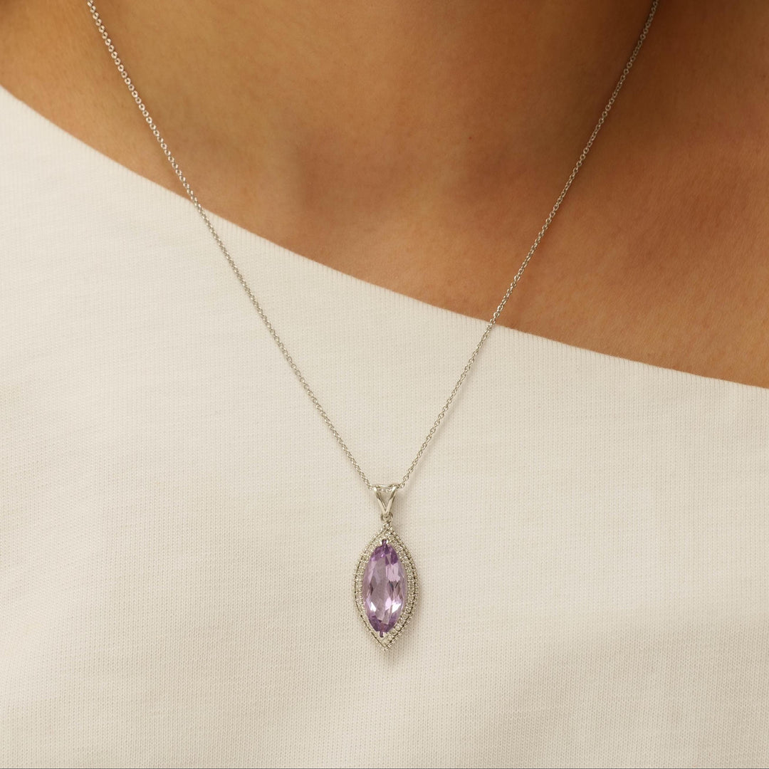 Marquise Amethyst Diamond Pendant, 14k Solid Gold, Natural Diamond, Halo Set Layering Necklace, Statement Gemstone Pendant, Gift for Her