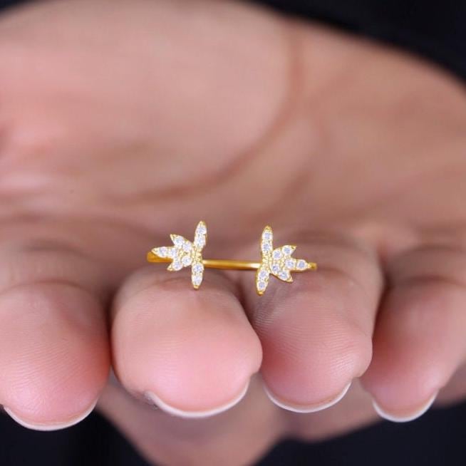 Center Open Diamond Cuff Ring, 14k Solid Gold, Natural Diamonds, , Everyday Floral Jewelry Gift For Her