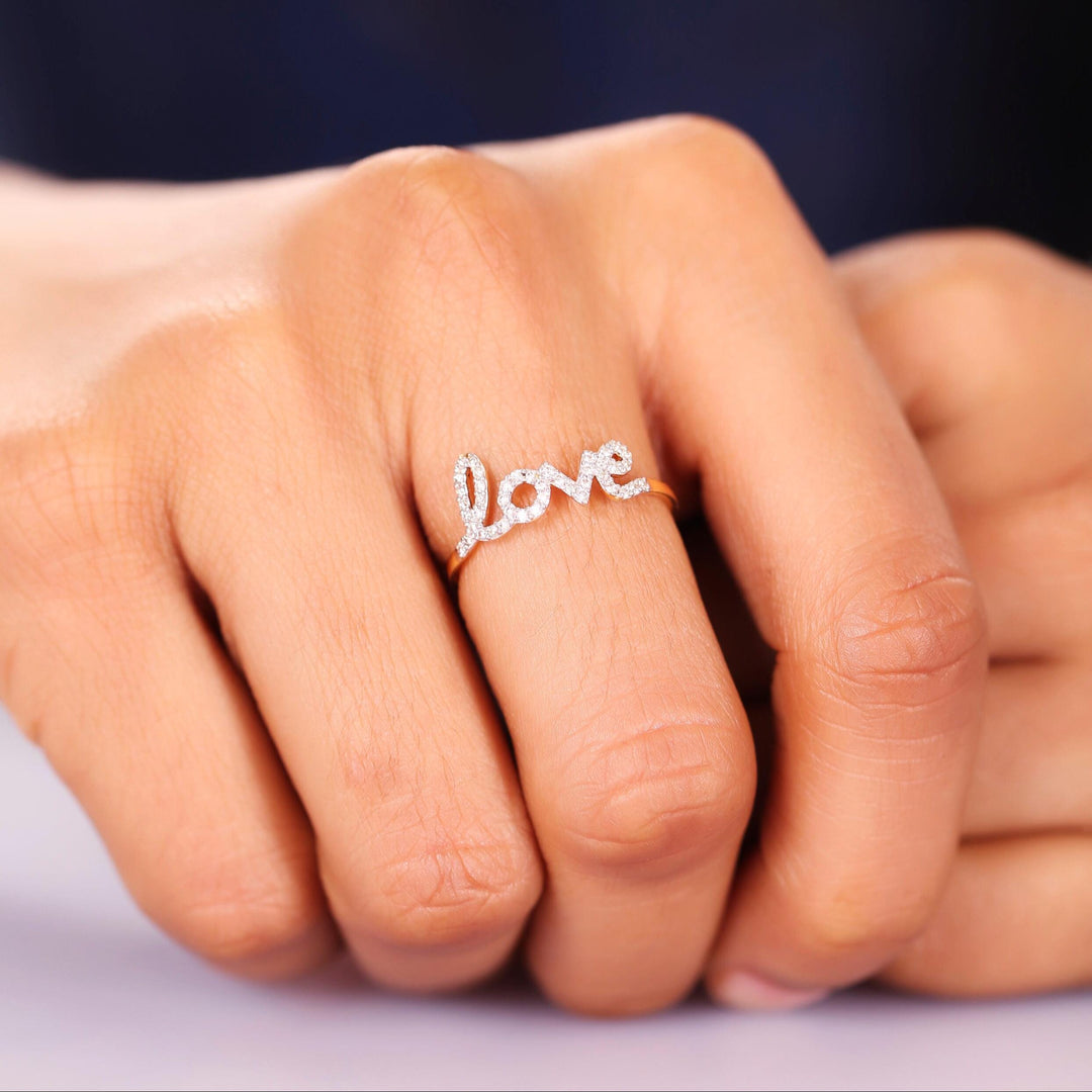 Love Diamond Handwritten Ring, 14K Solid Gold, Natural Diamonds, Script Proposal Ring, , Everyday Jewelry Gift For Her