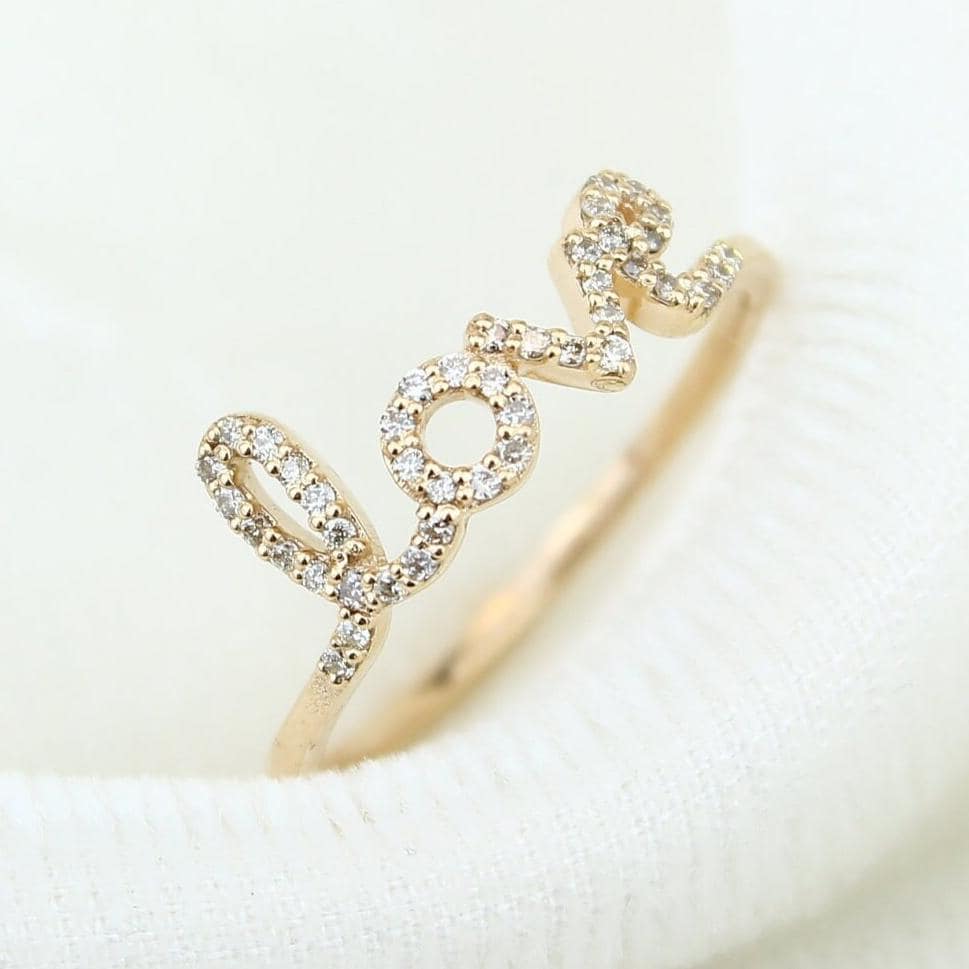 Love Diamond Handwritten Ring, 14K Solid Gold, Natural Diamonds, Script Proposal Ring, , Everyday Jewelry Gift For Her