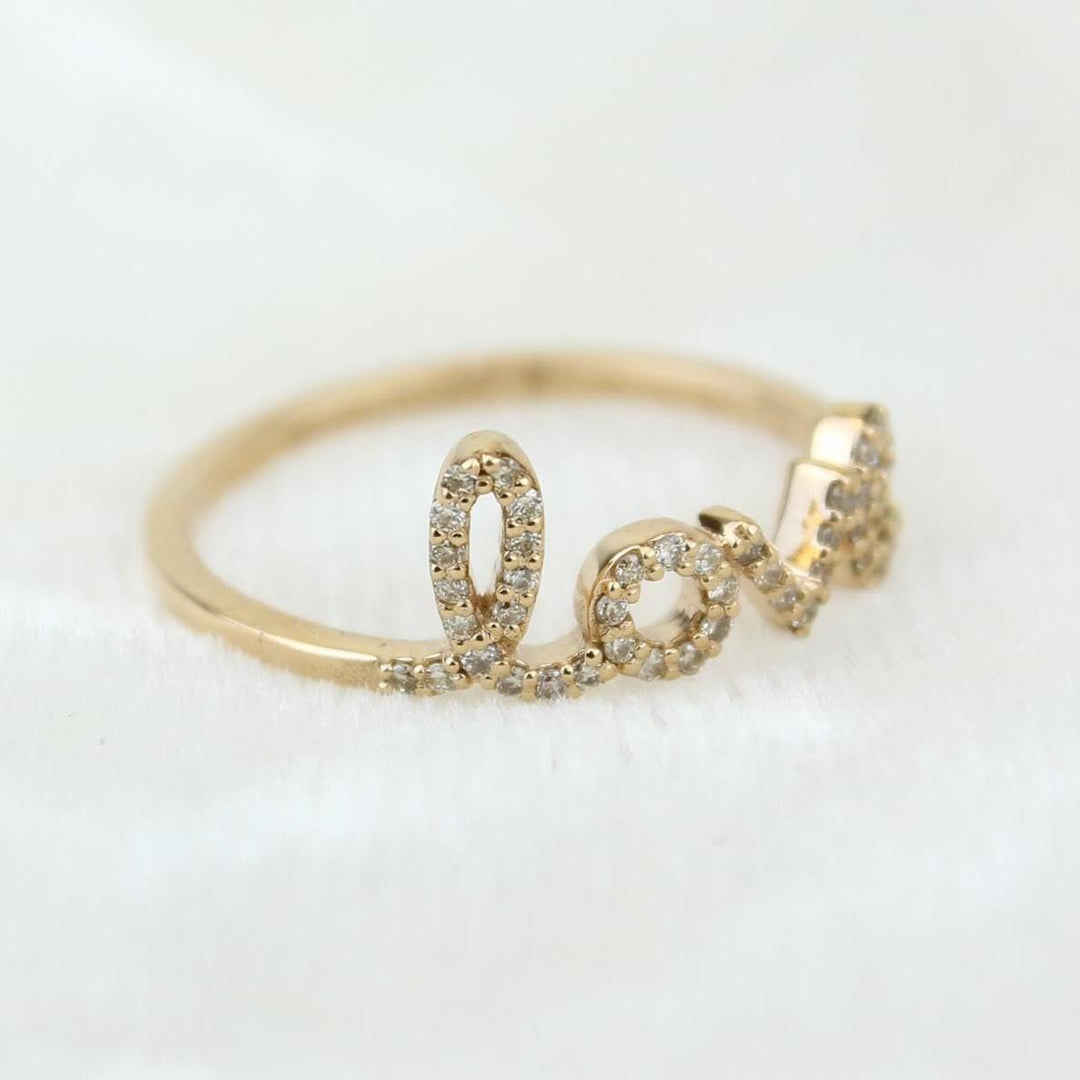 Love Diamond Handwritten Ring, 14K Solid Gold, Natural Diamonds, Script Proposal Ring, , Everyday Jewelry Gift For Her