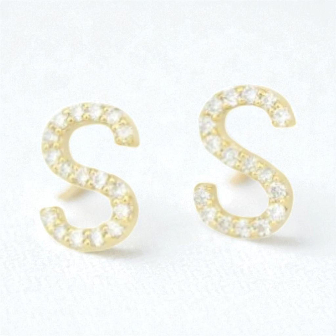 S-Initial Stud Earrings, 14K Solid Gold, Natural Diamond Letter Earrings, Gift for Her, Monogram Personalized Jewelry, Custom Pave Studs