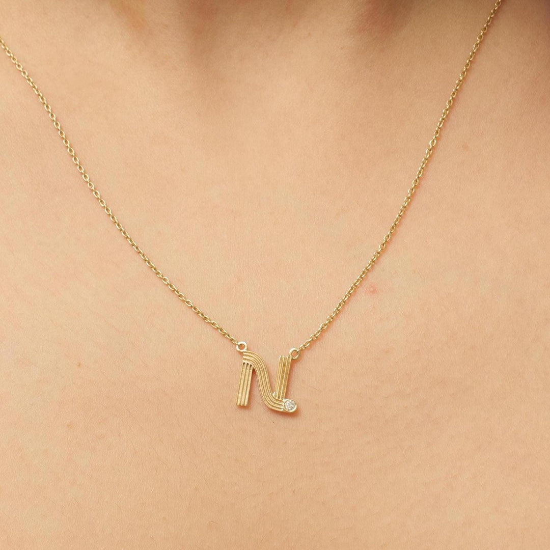 Personalized Initial Diamond Necklace, 14k Solid Gold, Natural Diamonds, Stacking Flute Letter Charm, Everyday Minimalist Custom Jewelry