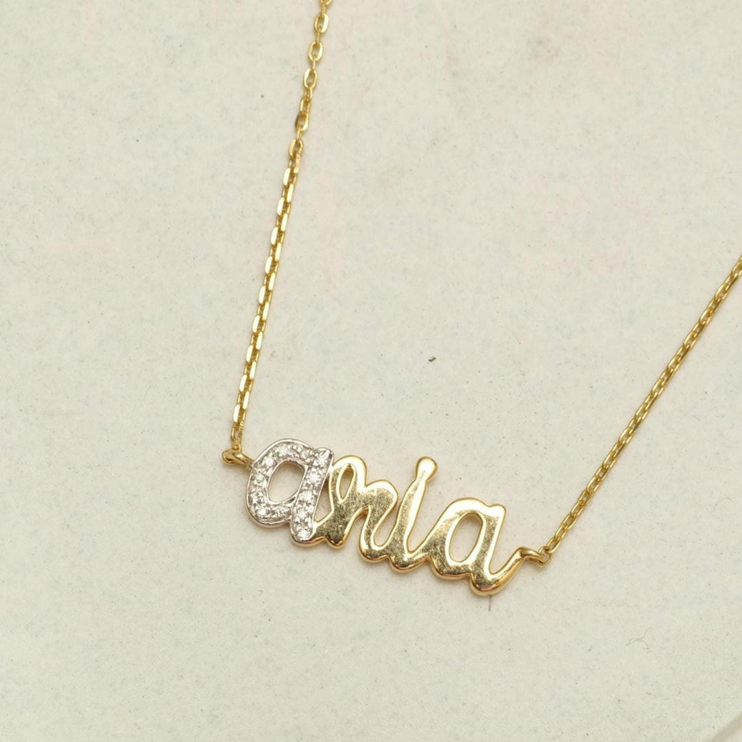Personalized Name Diamond Necklace, 14k Solid Gold, Natural Diamonds, Custom Letter Jewelry, Minimalist Two Tone Necklace, Stacking Jewelry