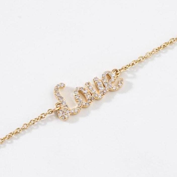 Love Diamond Bracelet, 14k Solid Gold, Natural Diamonds, Minimalist Custom Jewelry, Personalized 4 Letter Charm, Minimalistic Stacking Chain