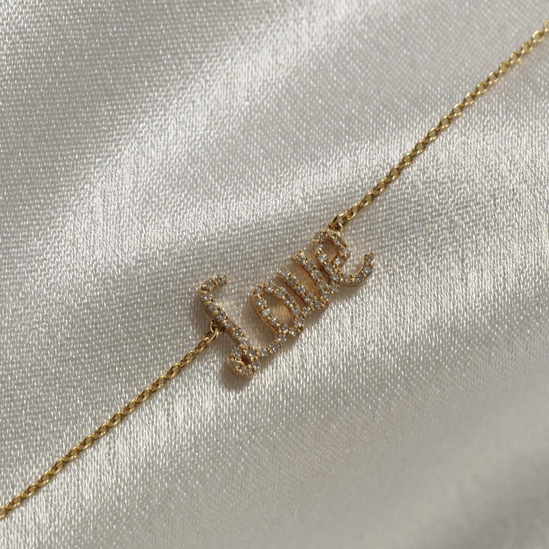 Love Diamond Bracelet, 14k Solid Gold, Natural Diamonds, Minimalist Custom Jewelry, Personalized 4 Letter Charm, Minimalistic Stacking Chain