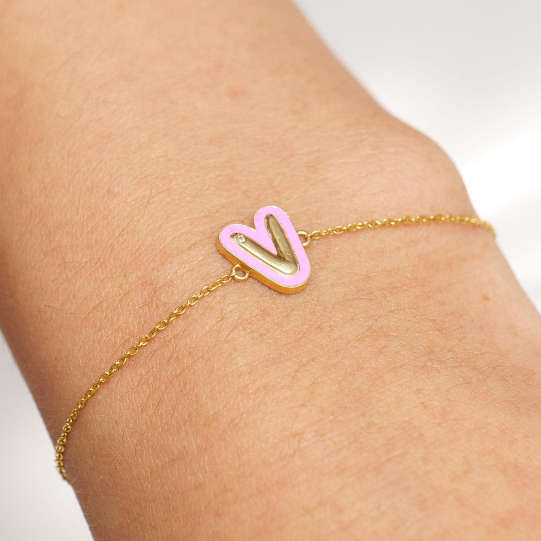 Personalized Initial Enamel Chain Bracelet, 14k Solid Gold, Natural Diamonds, Stacking Everyday Custom Jewelry, Letter Minimalistic Charm