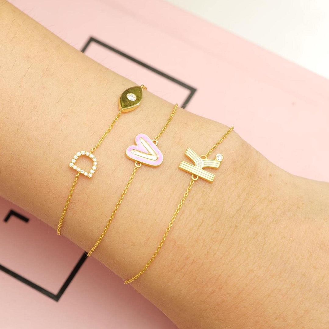 Personalized Initial Enamel Chain Bracelet, 14k Solid Gold, Natural Diamonds, Stacking Everyday Custom Jewelry, Letter Minimalistic Charm