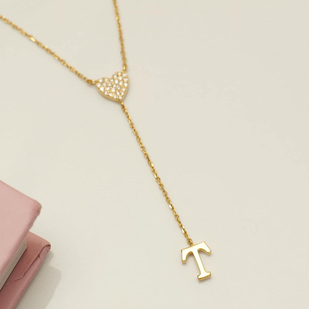 Personalized Initial Heart Diamond Lariat Necklace, 14k Solid Gold, Natural Diamonds, Custom Name Jewelry, Minimalist Letter Drop Chain