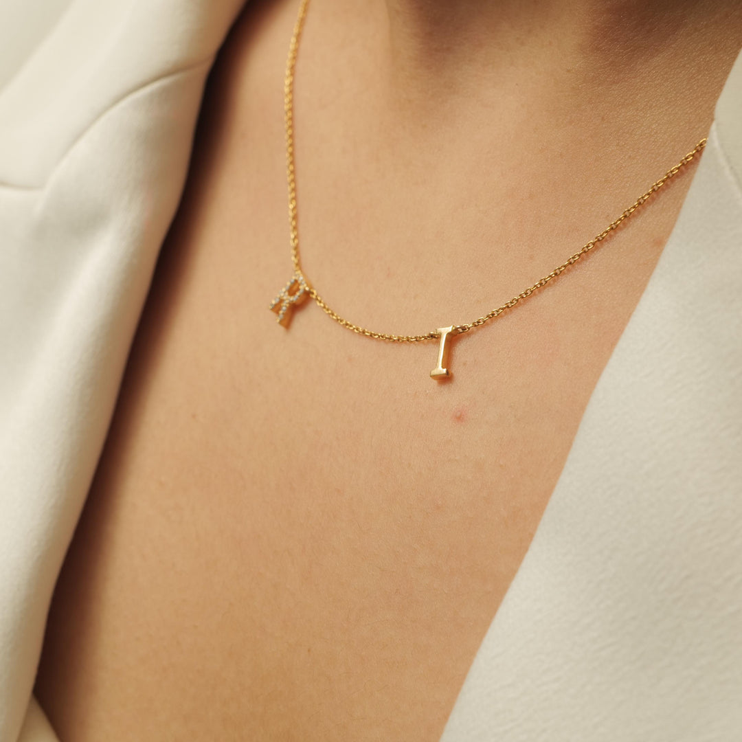 Personalized Initials Charm Diamond Necklace, 14k Solid Gold, Natural Diamonds, Stacking Customized Necklace, Minimalist Everyday Jewelry