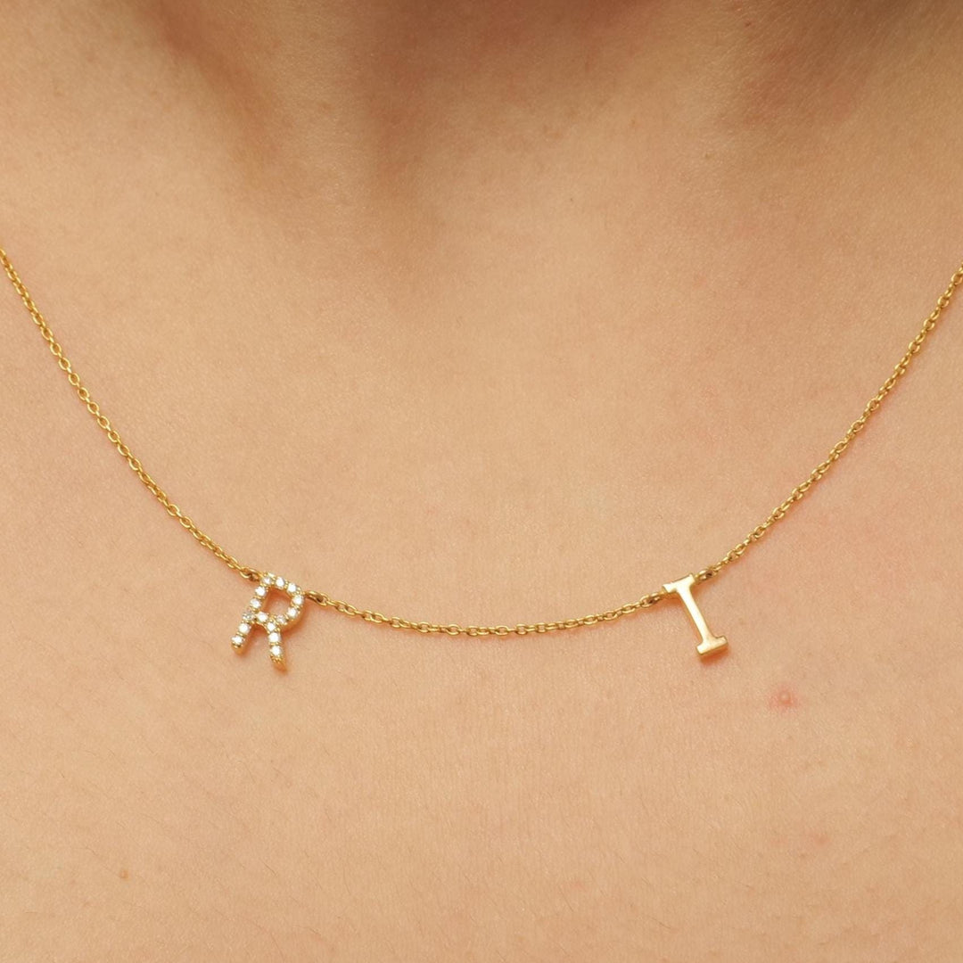 Personalized Initials Charm Diamond Necklace, 14k Solid Gold, Natural Diamonds, Stacking Customized Necklace, Minimalist Everyday Jewelry