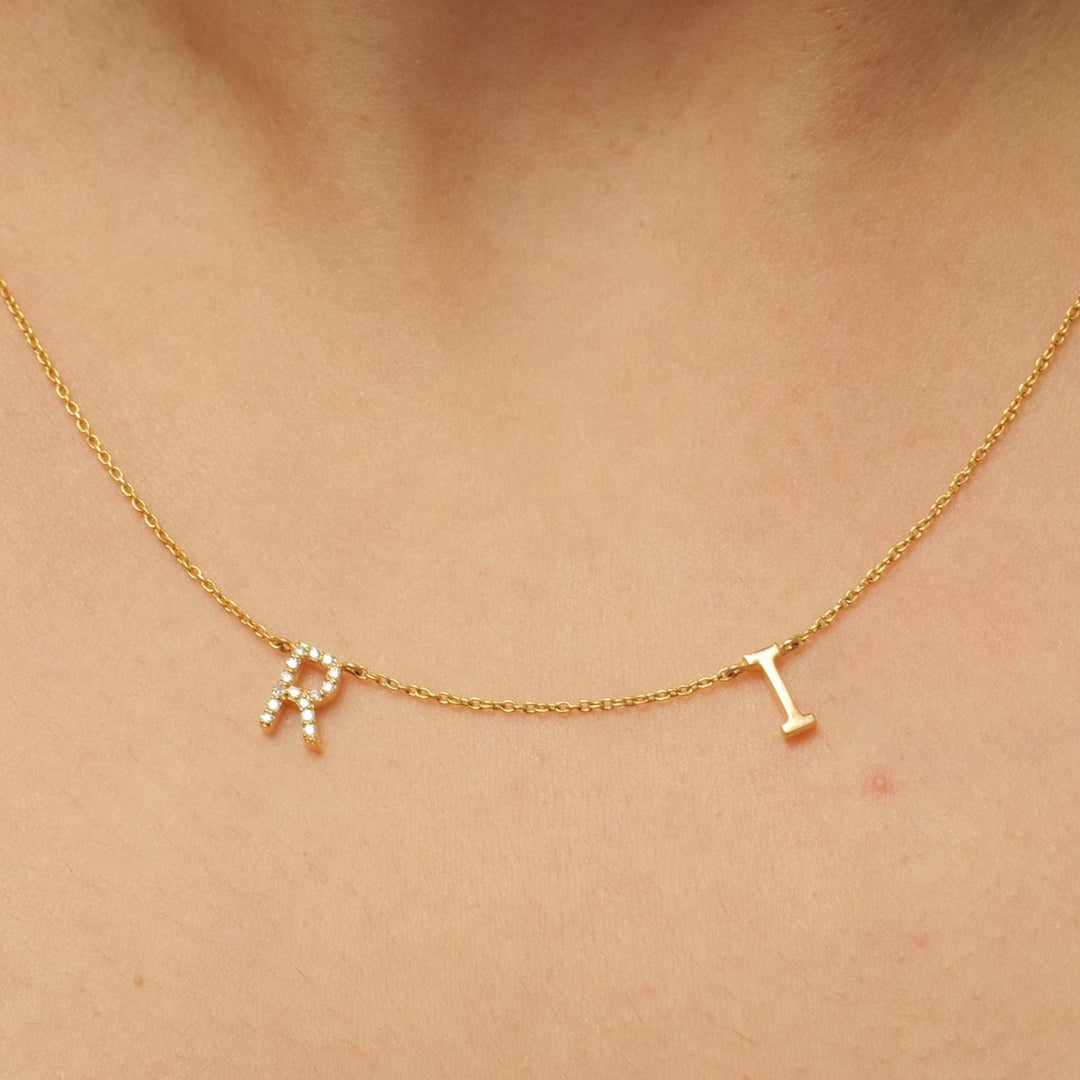 Personalized Initials Charm Diamond Necklace, 14k Solid Gold, Natural Diamonds, Stacking Customized Necklace, Minimalist Everyday Jewelry