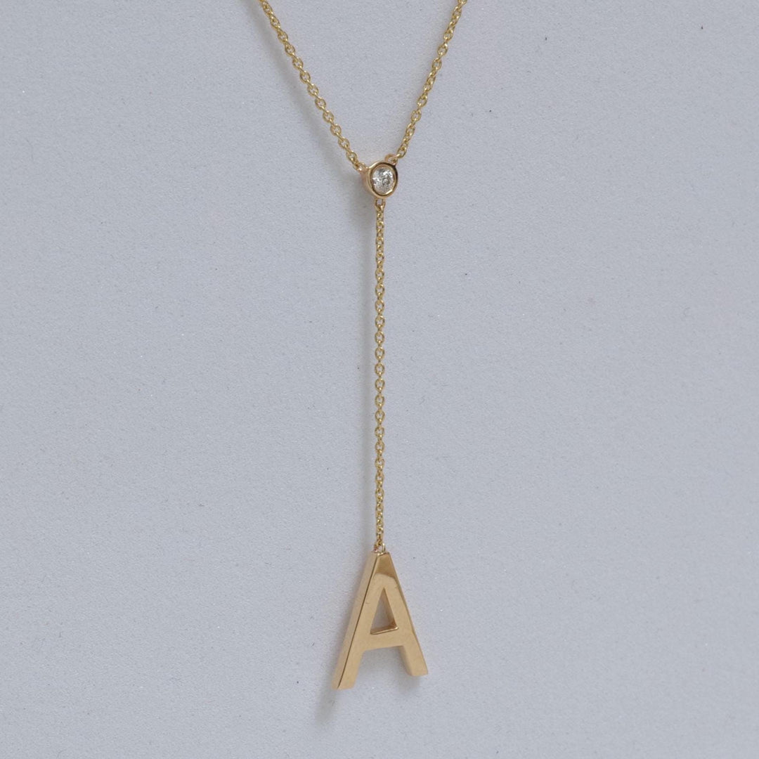 Personalized Initial Lariat Necklace, 14k Solid Gold Diamond Letter, Natural Diamonds, Custom Name Initial Jewelry, Minimalist